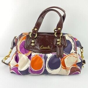 Coach Ashley Shoulder Bag Womens Scarf Print Sateen Purple Multicolor Purse